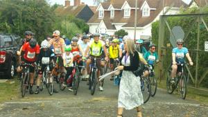 Cllr Julie Gooding starts the 2021 Foulness Bike Ride to the delight of the cyclists